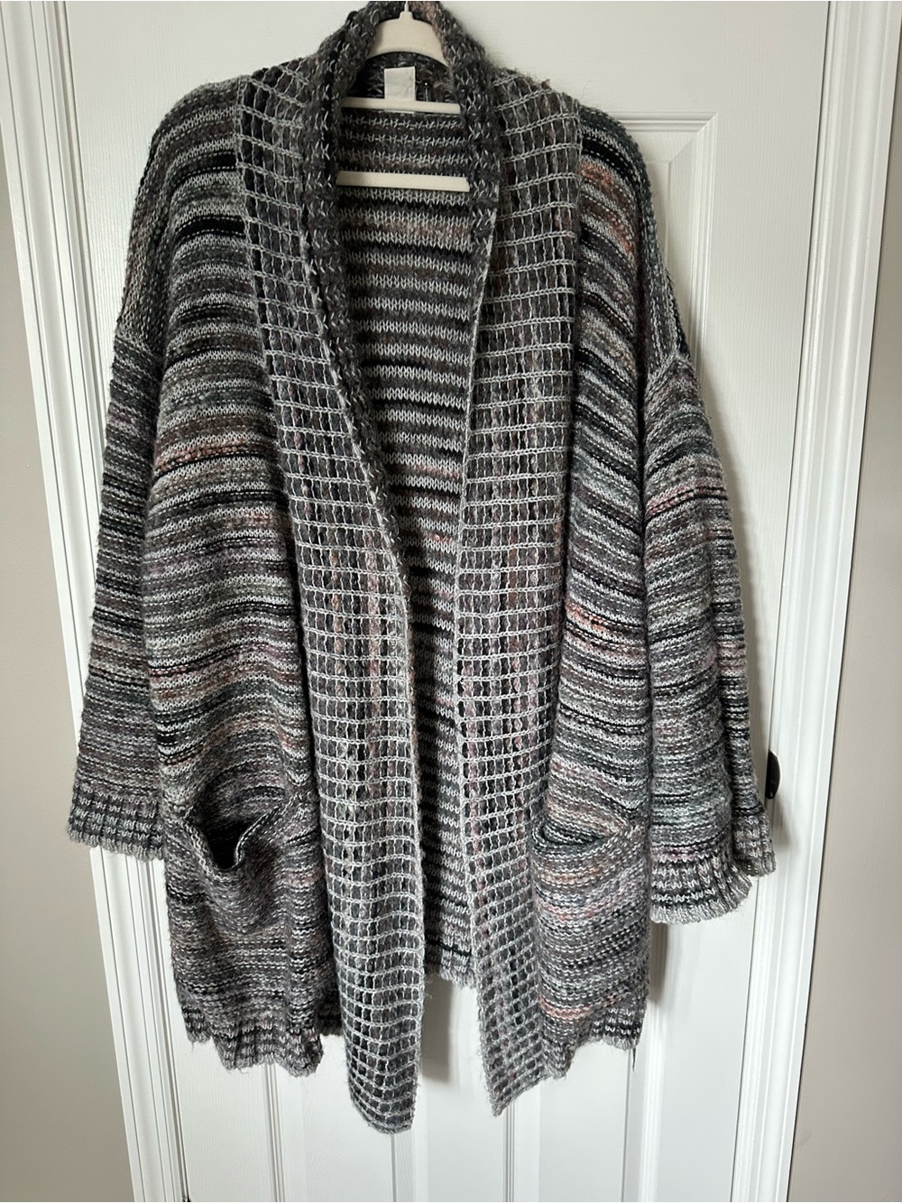 Anthropologie Cozy Open-Front Womens Sweater Cardigan - Gray Stripe